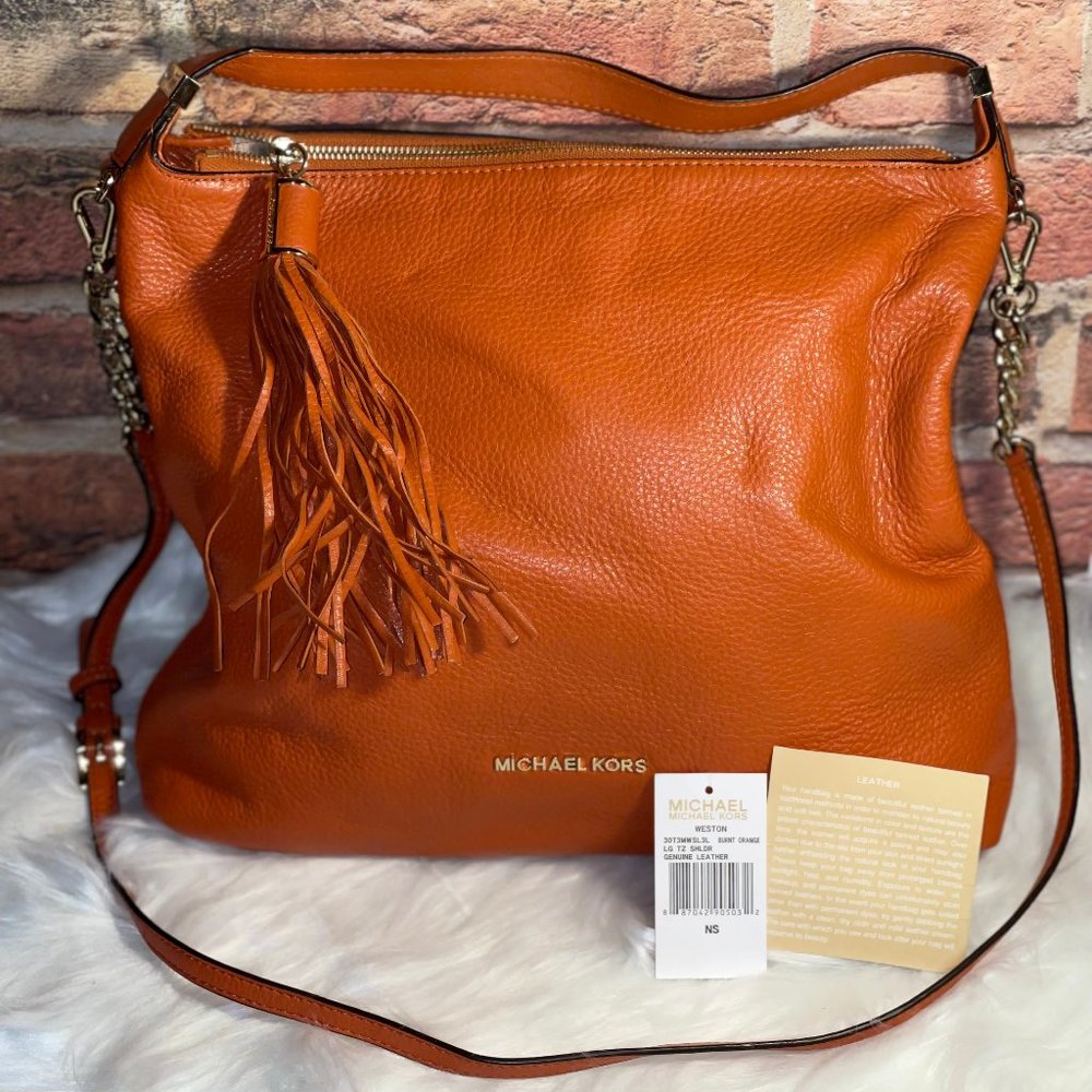 Michael Kors Weston Large Leather Shoulder Bag in Burnt Orange
